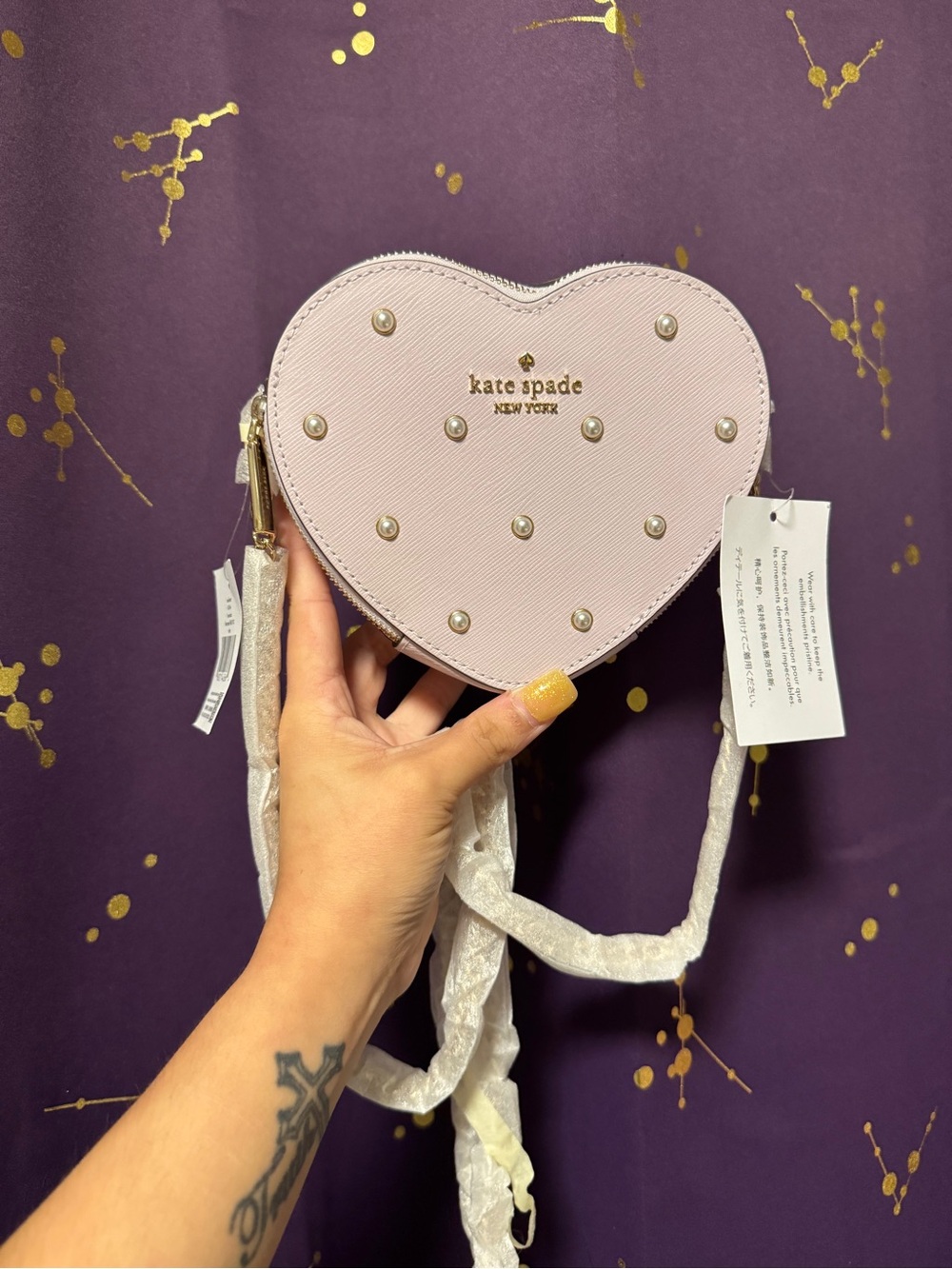 Kate Spade NWT Light Lavender/Lilac Love Shack Pearl Stud Heart Crossbody Purse